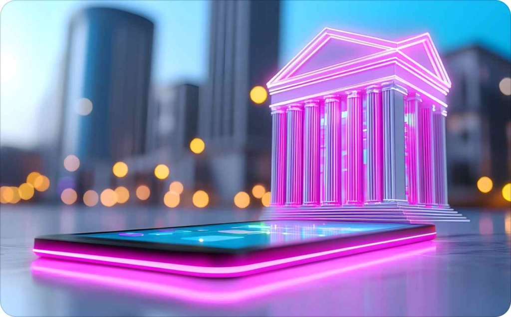 A glowing neon pink digital bank building emerges from a smartphone screen, symbolizing modern mobile banking technology in a futuristic cityscape.