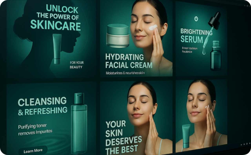 A collage of skincare advertisement banners featuring a woman applying facial cream. The ads promote products like hydrating facial cream, brightening serum, and purifying toner, with text such as ‘Unlock the power of skincare,’ ‘Cleansing & refreshing,’ and ‘Your skin deserves the best.’ The overall design uses teal tones and clean, modern typography.