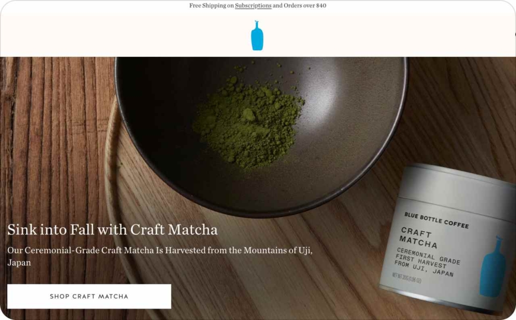 Landing page of Blue Bottle Coffee