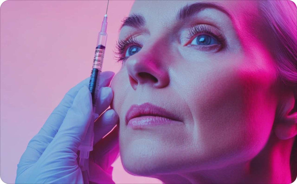 Close-up of woman receiving cosmetic injection in her cheek under pink and blue lighting, symbolizing Botox treatm