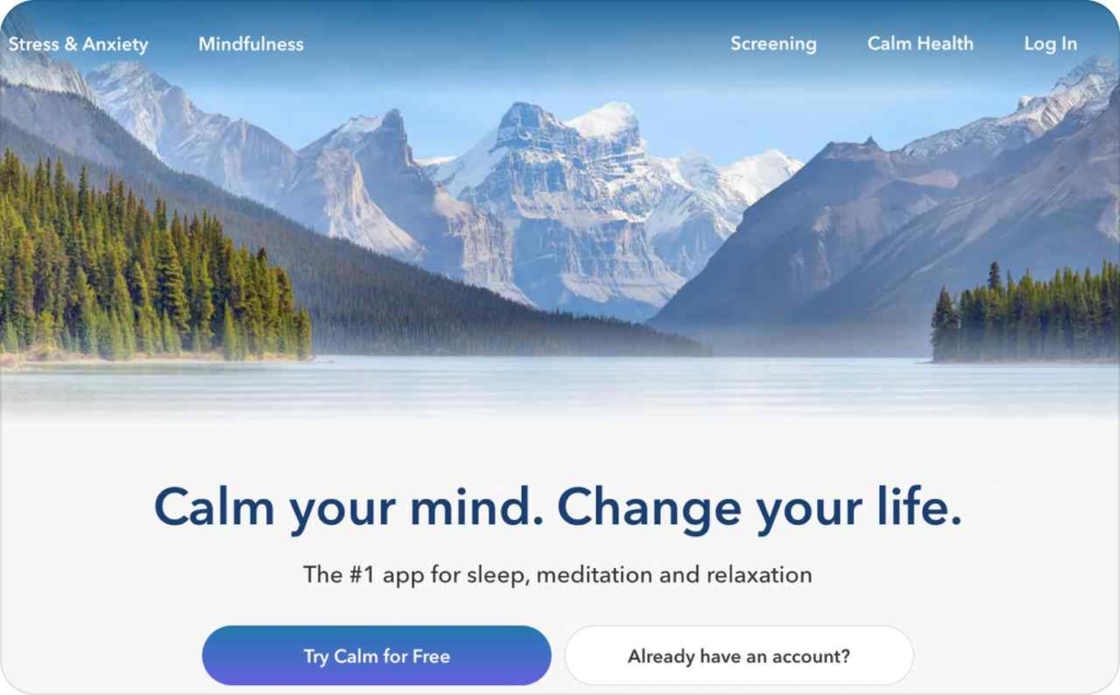 Landing page of Calm