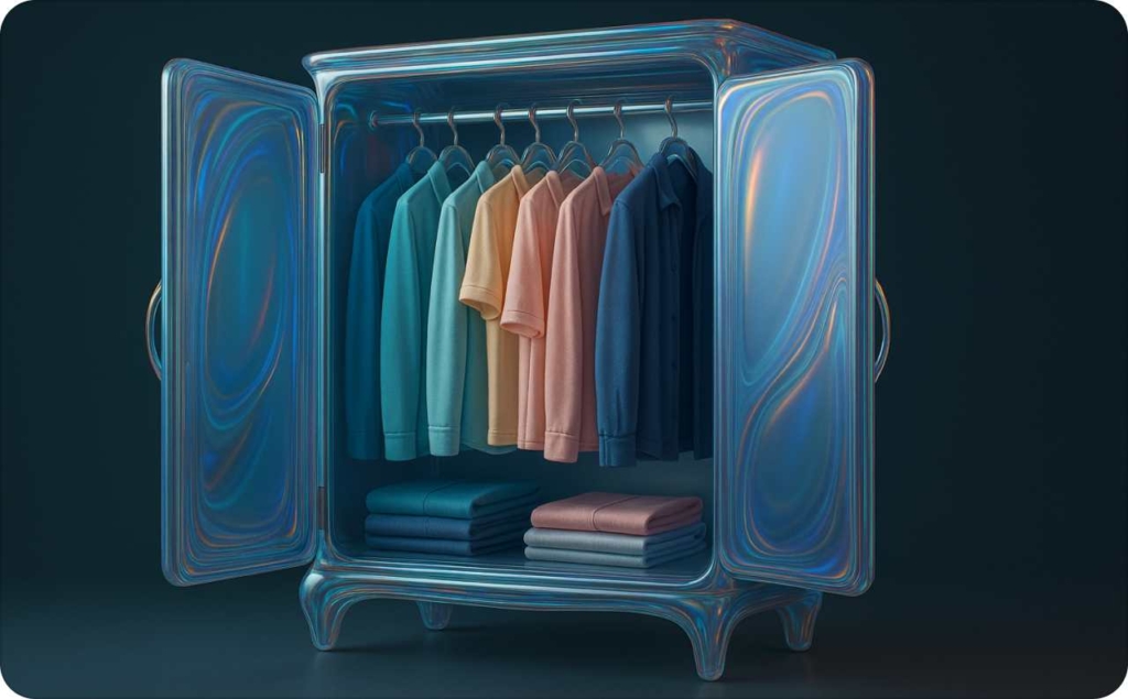 3D-rendered liquid glass wardrobe with open doors displaying neatly arranged colorful shirts and folded clothes, showcasing a modern futuristic design.