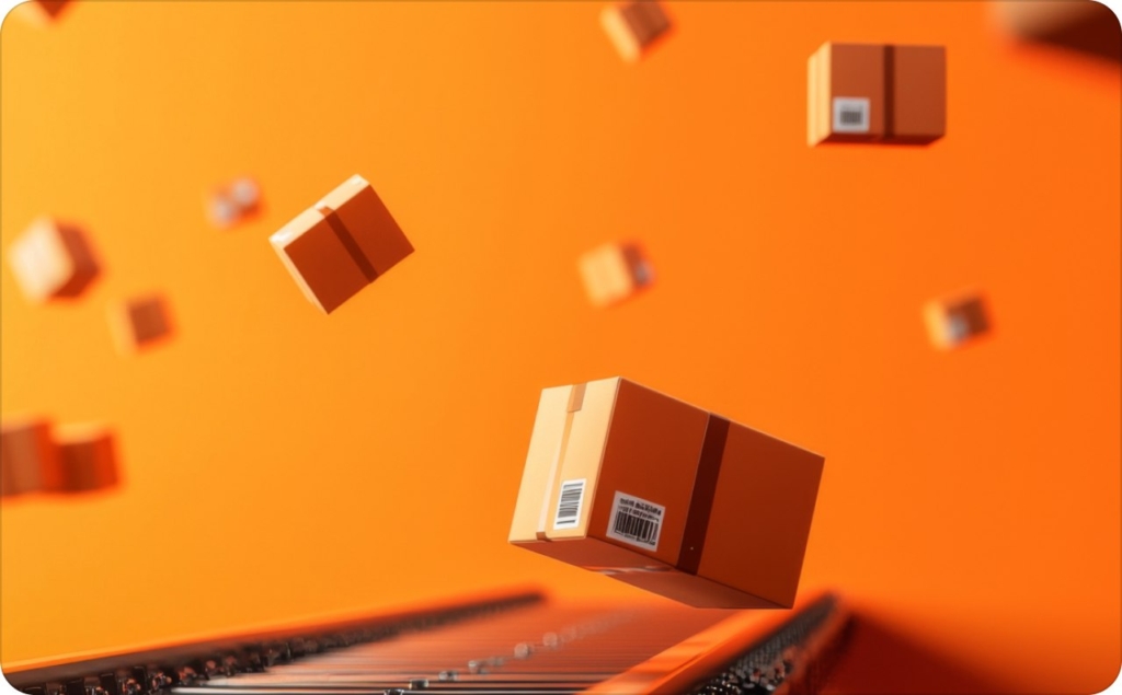 Packages falling on conveyor belt, symbolizing eCommerce shipping и Facebook dropshipping ads success