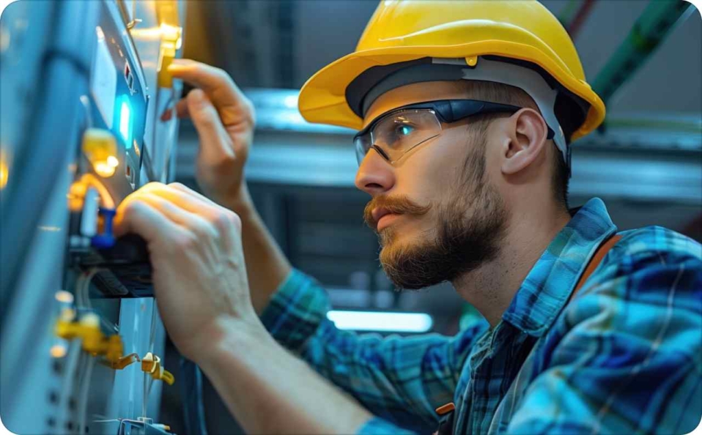 An electrician doing his work in the safety helmet