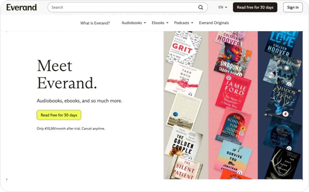 Landing page of Everand