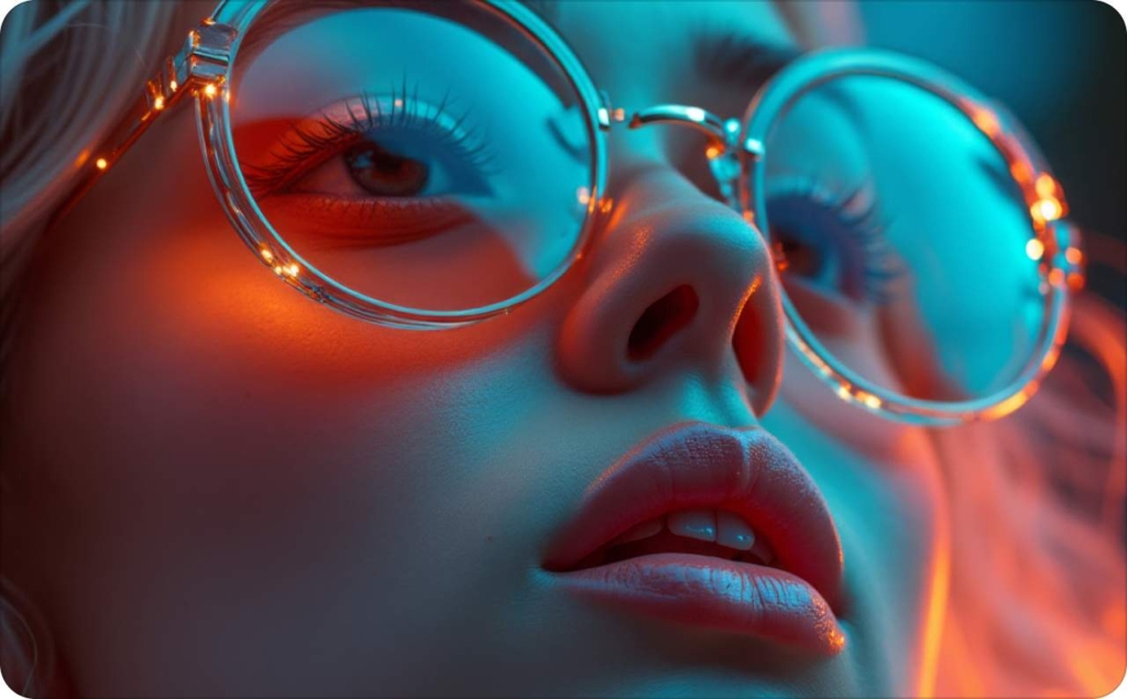Close-up of a woman wearing large round eyeglasses illuminated by colorful neon blue and orange lighting, highlighting reflections on the lenses and fine facial details
