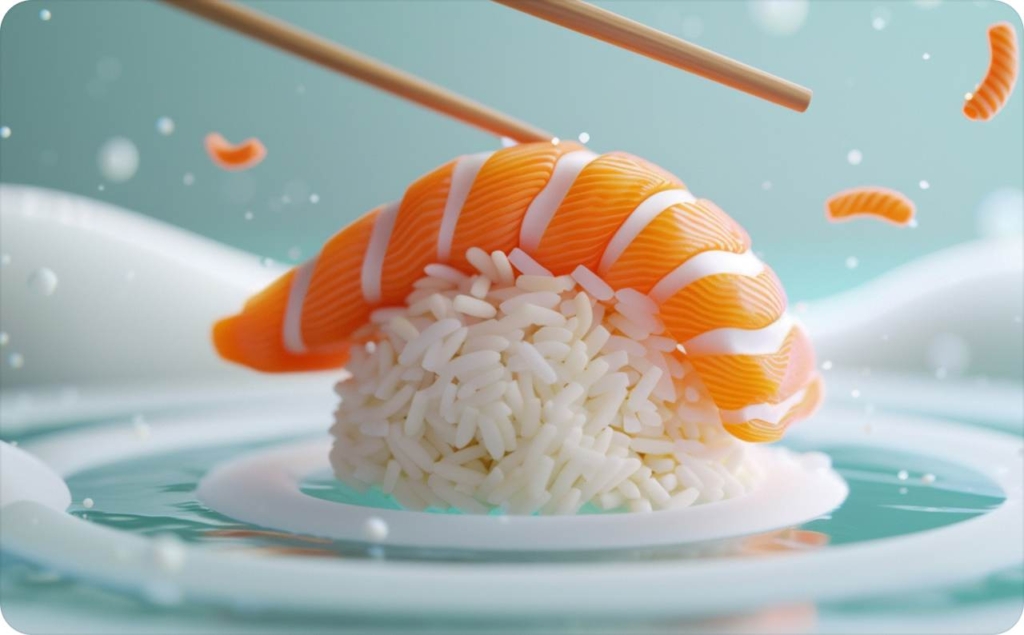 A close-up of a piece of salmon nigiri sushi, with a slice of orange salmon draped over a mound of white rice. Chopsticks hover above it, and small rice grains and salmon pieces float artistically in the air, set against a soft teal background with smooth water-like ripples.