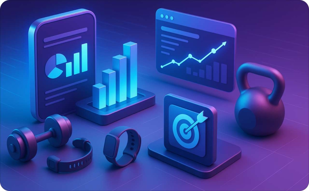 A futuristic 3D digital illustration combining fitness and marketing elements, featuring dumbbells, smartwatches, and holographic charts with glowing blue bars, graphs, and a target icon on a sleek purple-blue background.