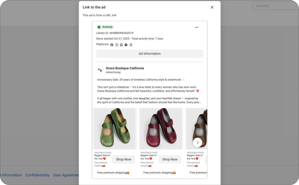 Grace Boutique California carousel ad in Meta Library