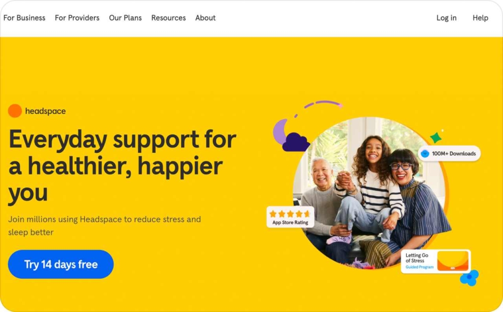 Landing page of Headspace