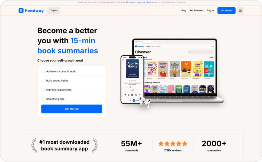 Landing page of Headway