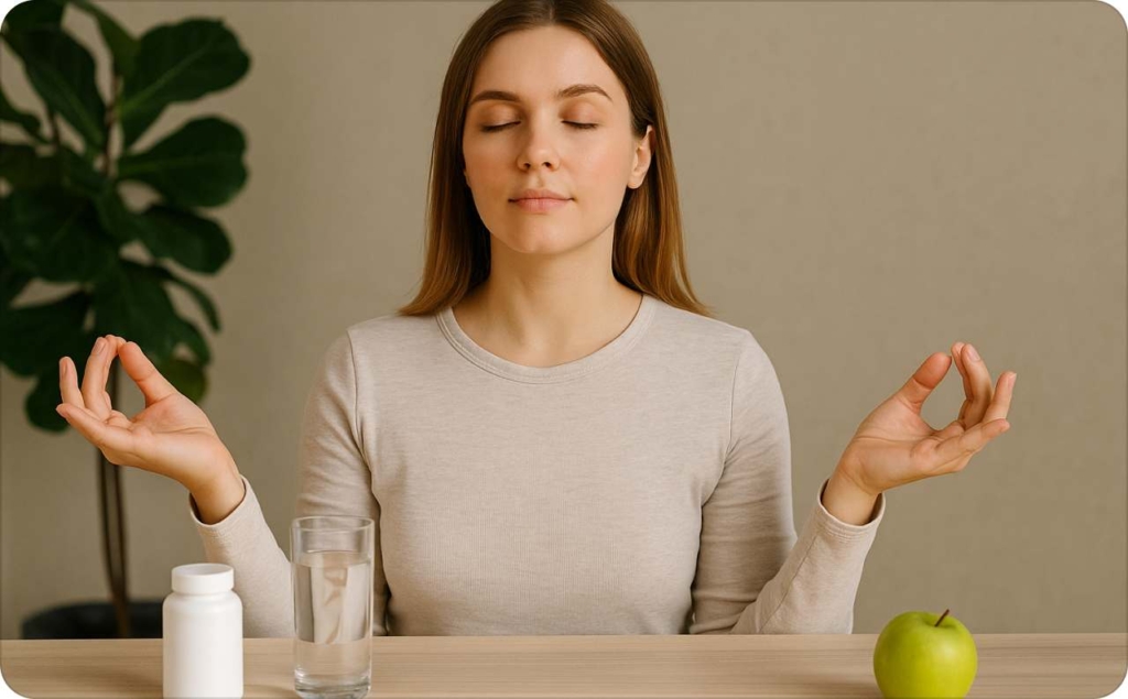 A woman meditating at a table with closed eyes, sitting calmly between a glass of water, a white bottle, and a green apple, symbolizing health and wellness.