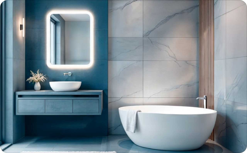 Modern renovated bathroom featuring a freestanding white bathtub, a floating vanity with a round vessel sink, a backlit mirror, marble wall tiles, and soft ambient lighting. The design blends blue and gray tones with minimalist elegance and a touch of luxury.