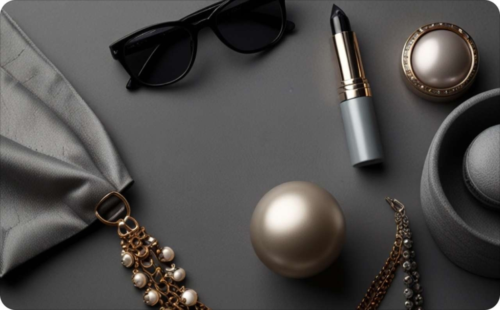 Flat lay of luxury fashion accessories and cosmetics on a dark surface, including black sunglasses, gold and pearl jewelry, a grey silk scarf, metallic lipstick, and a round decorative box.