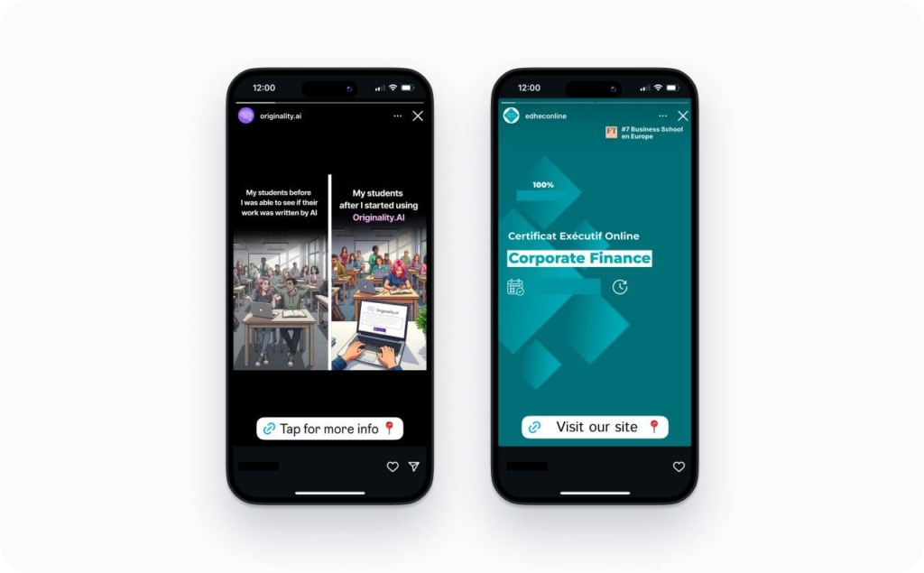 @originality.ai and @edheconline mobile ads on Instagram