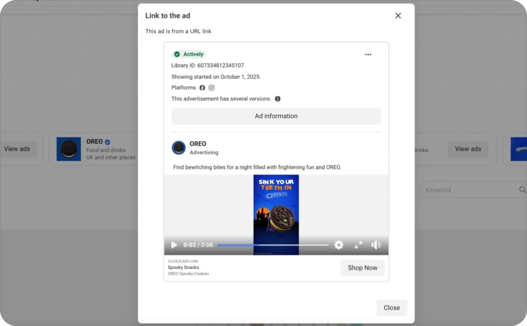 Oreo Ad in Meta Library