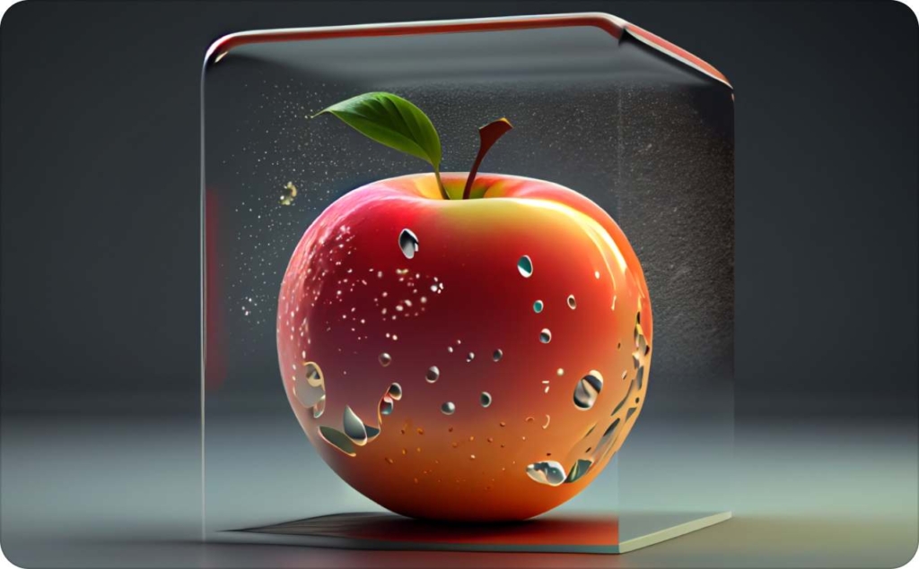 An image of the digital apple in the transparent cube on grey background