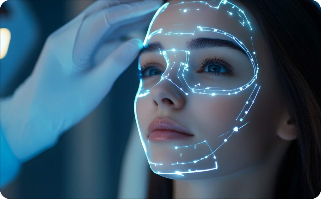A close-up of a young woman’s face being examined with a digital facial mapping system. Blue glowing lines and points highlight different facial regions while a gloved hand gently touches her forehead, suggesting advanced cosmetic or medical technology.