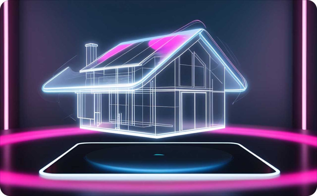 A glowing holographic outline of a modern house projected above a smartphone or digital tablet, symbolizing smart home technology or virtual real estate. The scene features neon blue and pink lighting against a dark background for a futuristic look.