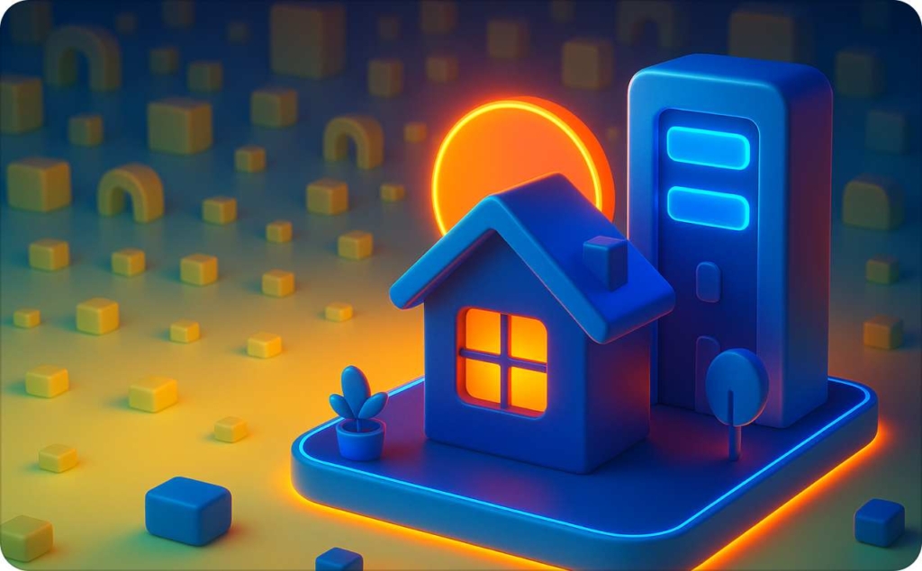 A futuristic 3D digital illustration of a small glowing blue house beside a tall modern building on a neon-lit platform. The scene features warm orange and cool blue lighting, symbolizing technology and modern real estate in a stylized, minimal design.