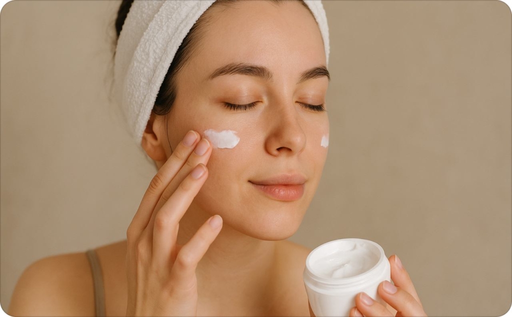 A woman with a white headband gently applying skincare cream to her face, promoting a natural beauty and self-care concept.