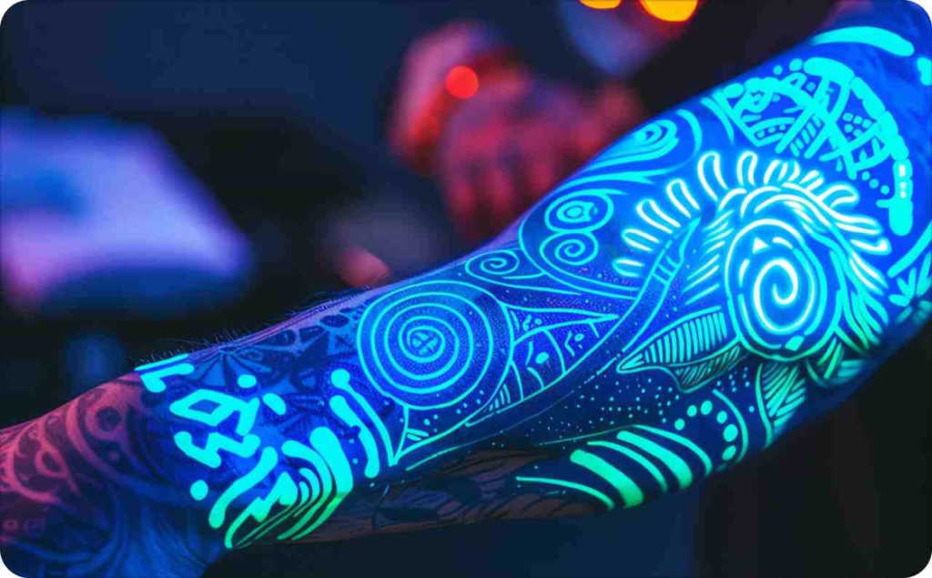 “A close-up of a person’s arm covered in neon UV-reactive tattoo designs glowing vividly under blacklight. The artwork features spirals, geometric patterns, and abstract shapes in bright blue, green, and cyan tones, creating a striking futuristic effect.