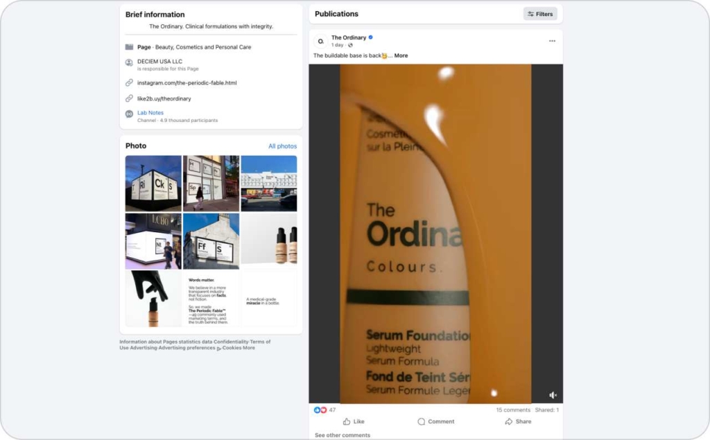The Ordinary ad on Facebook