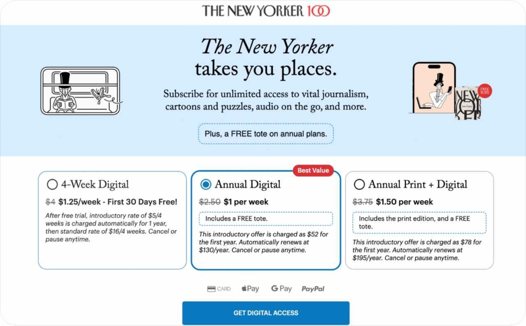 The New Yorker pricing page