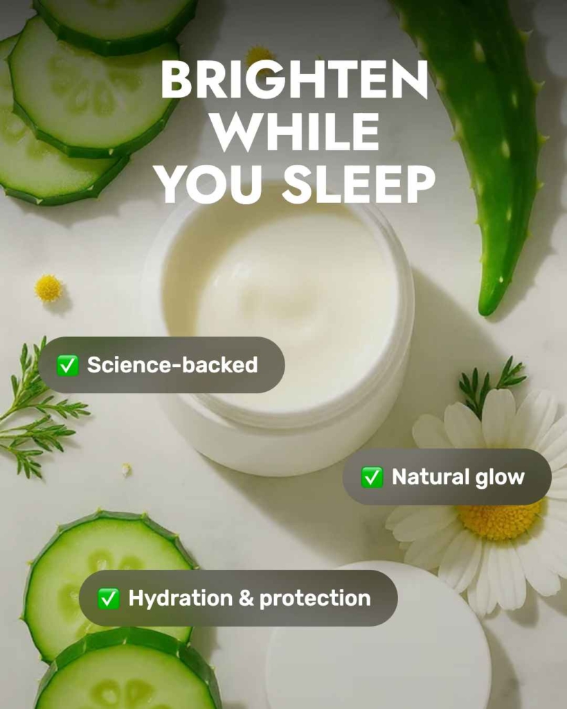 Zeely AI ad portraying cream among cucumber pieces, aloe, and camomile 