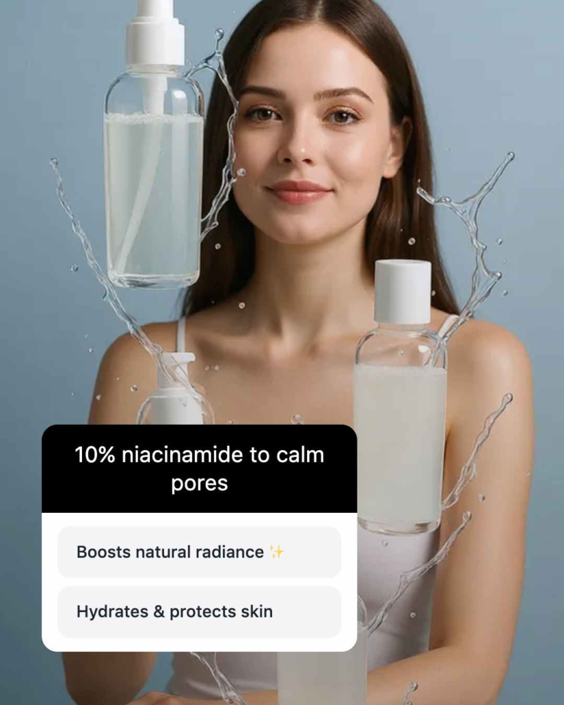 Zeely AI ad portraying young woman and flowing serums