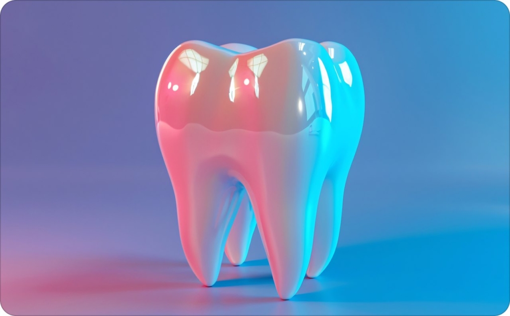 A glossy 3D tooth model in pink and blue lighting, illustrating clean dental aesthetics often used in Facebook ad examples for dentists.