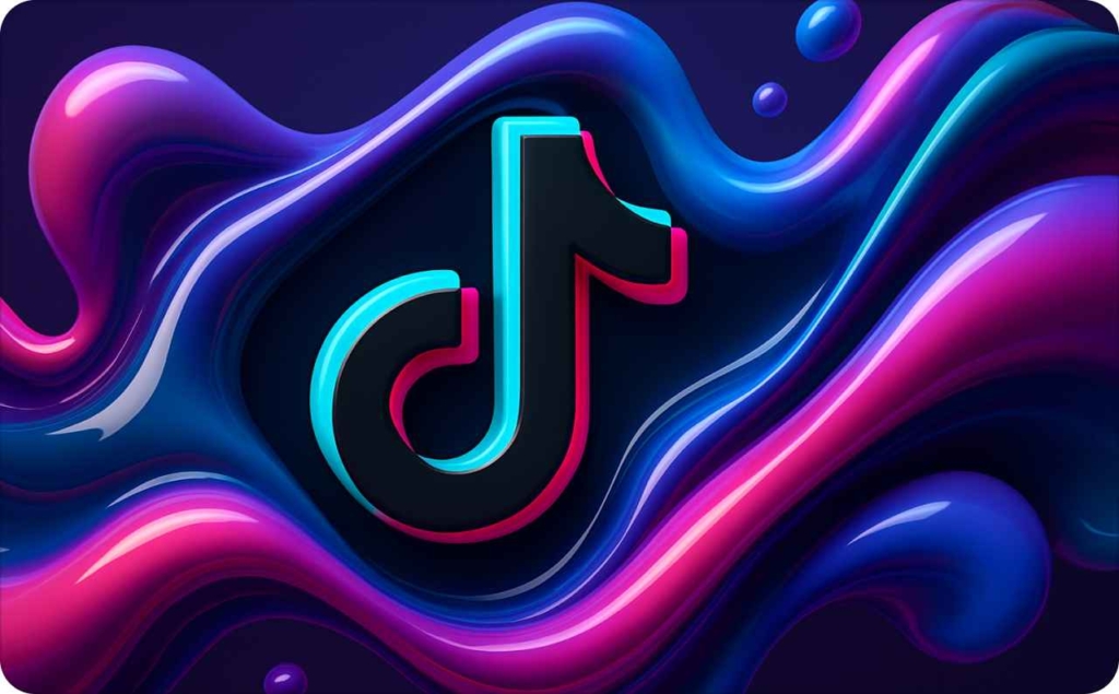 3D vibrant illustration of the TikTok logo surrounded by flowing neon pink, blue, and purple liquid shapes, symbolizing creativity and dynamic digital advertising.