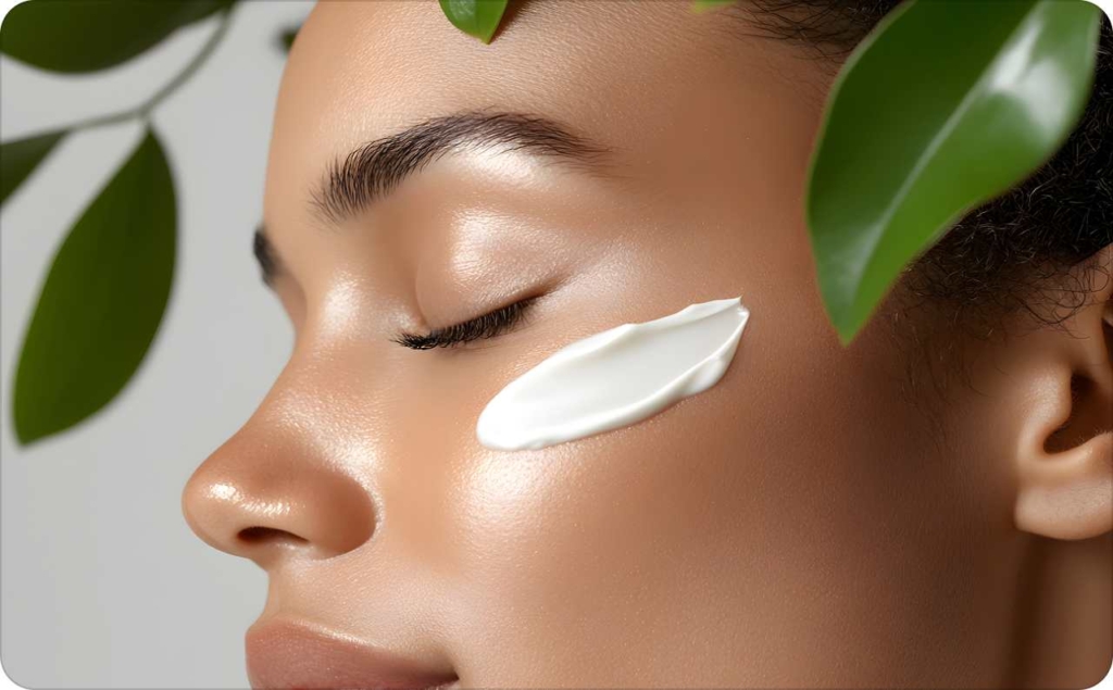 A close-up of a woman’s face with smooth glowing skin and a swipe of cream under her eye, surrounded by green leaves, used to illustrate natural beauty in skincare ads.