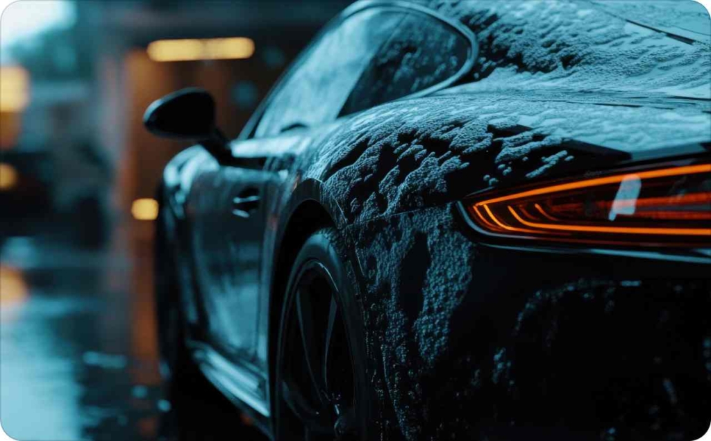 A close-up of a luxury car covered in foam during a wash, used as a visual for car wash advertising.