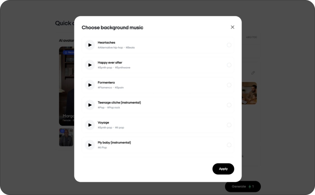 Zeely AI web studio portraying the step of music choice