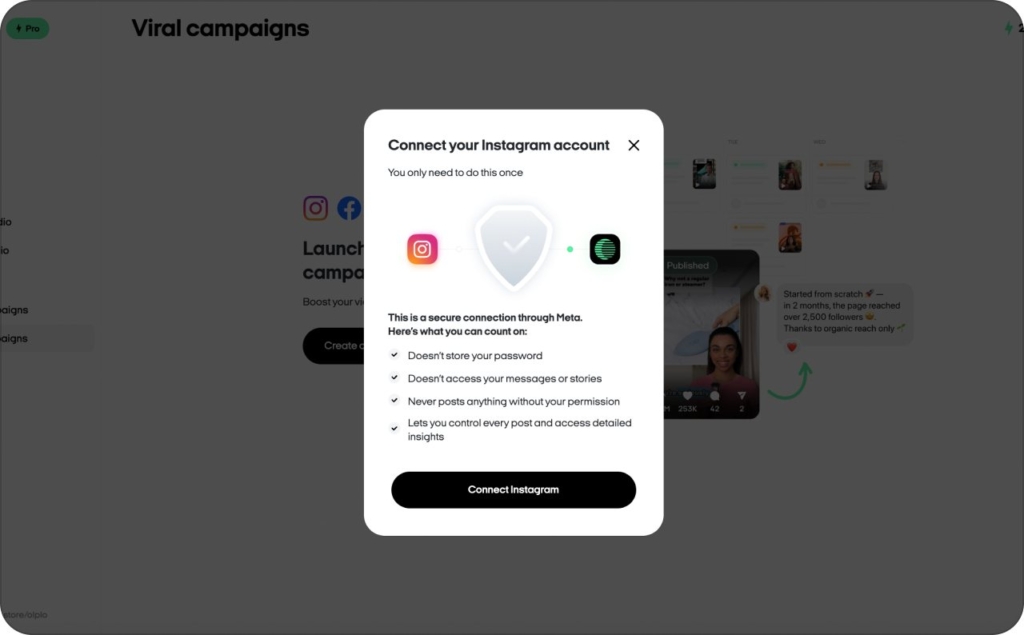 Zeely AI web studio portraying the step of connecting Instagram accont