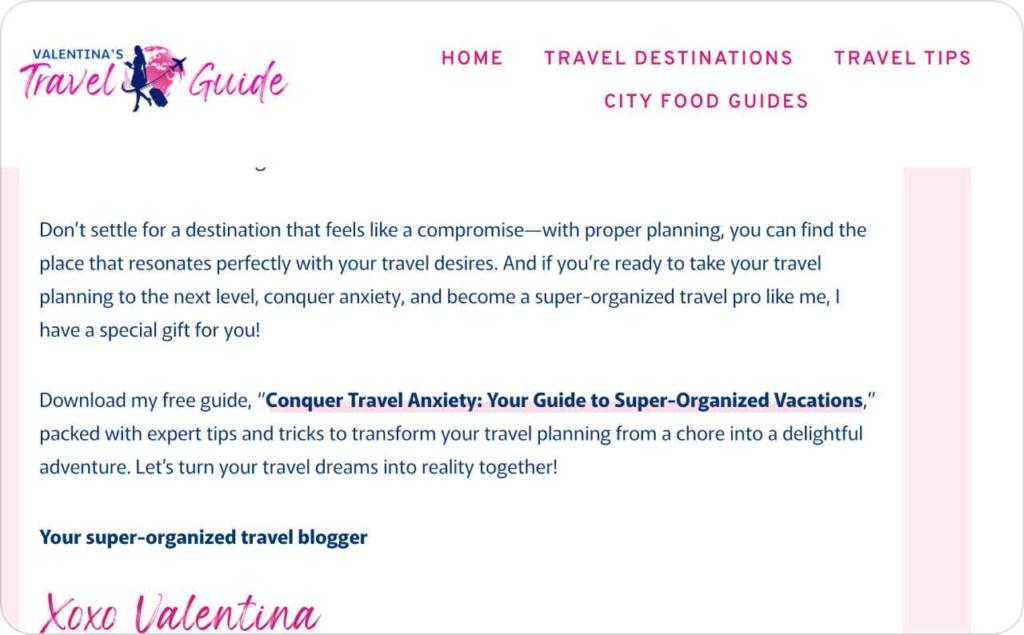 Guide in the Valentina’s Travel Guide article example