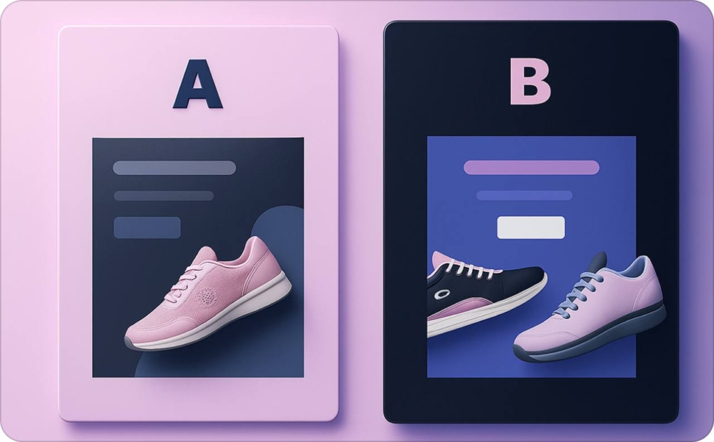 Visual A/B layout showing sneakers for ad creative testing.