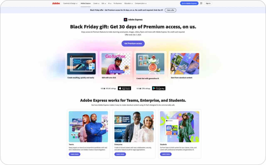 Adobe Express landing page screenshot 