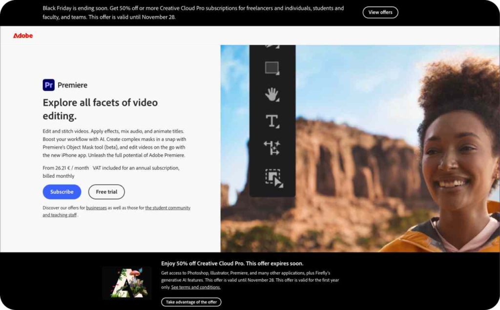 Adobe Premiere Pro landing page screenshot