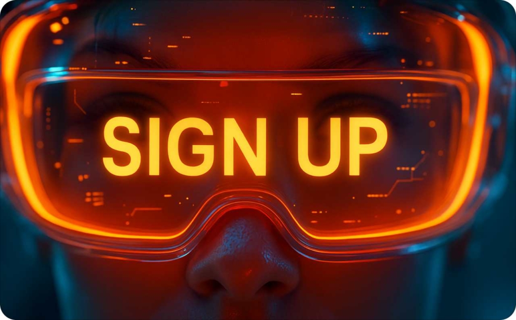 A person wearing futuristic orange digital glasses displaying the words “Sign Up,” representing modern digital marketing and strong advertising appeal.