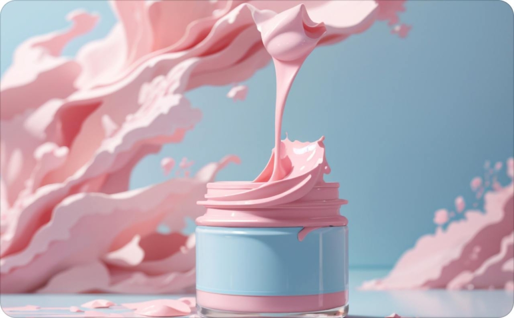 A jar of smooth pink cream splashing artistically against a pastel background, representing how AI in advertising creates visually captivating product images and modern digital branding concepts.