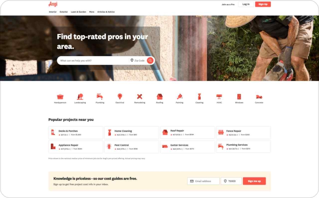 Angi landing page