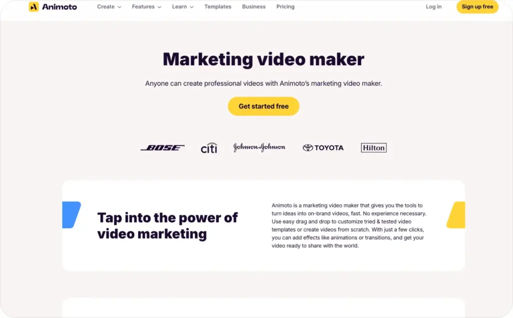 Animoto landing page