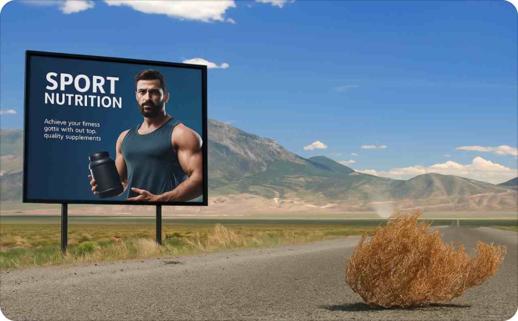 A roadside billboard in a deserted landscape shows a muscular man holding a container of sports supplements with the words “Sport Nutrition” and a misspelled slogan about fitness goals. A tumbleweed rolls by on the empty road, symbolizing the ineffectiveness of poorly executed awareness campaigns.