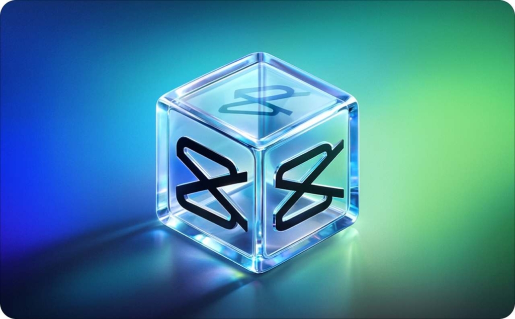 3D glowing cube featuring the CapCut logo on each side, set against a blue–green gradient background, used to illustrate modern CapCut alternatives.