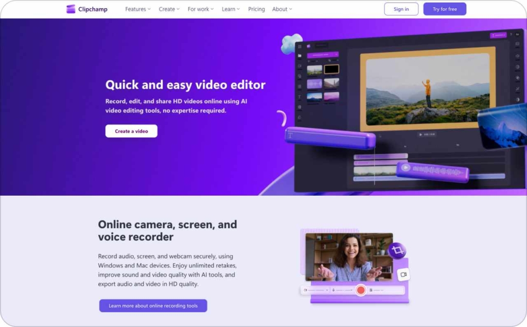 Clipchamp landing page screenshot