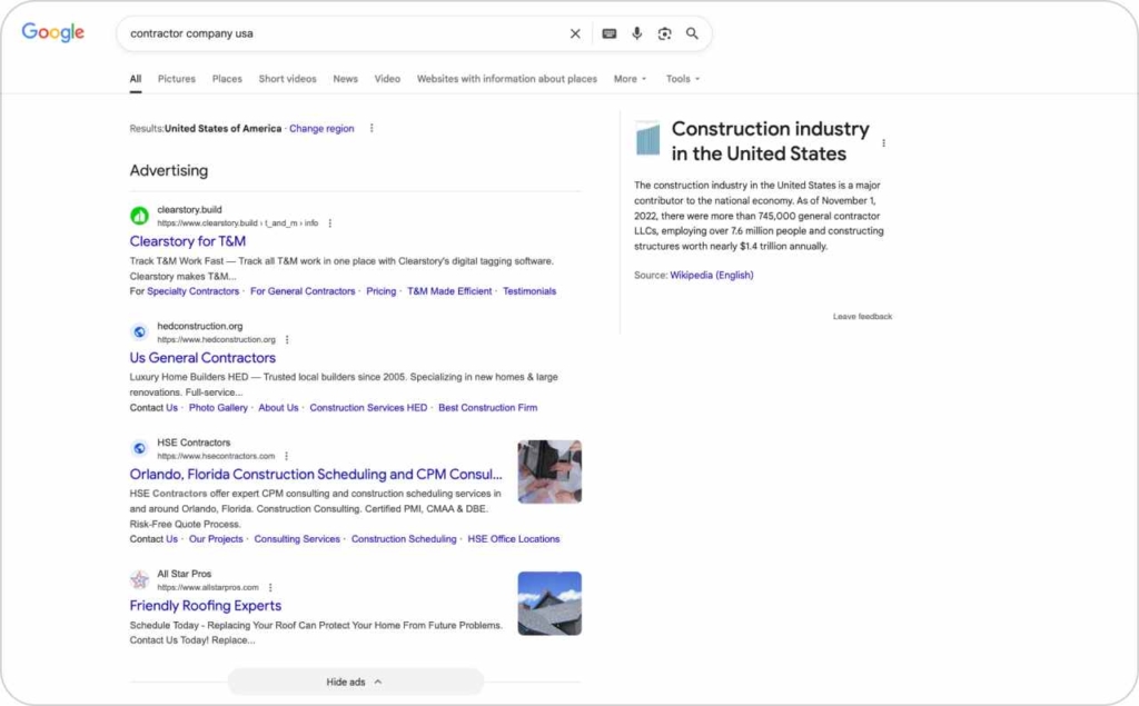 Screenshot of sponsored Google ads of contractor companies