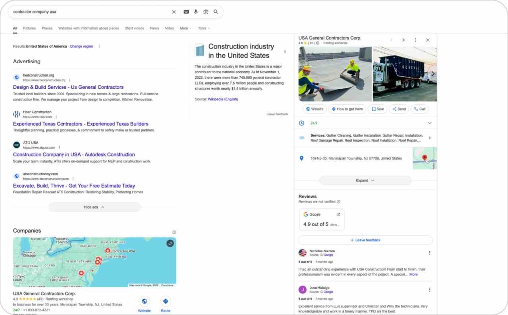 Screenshot of Google search of contractos companies