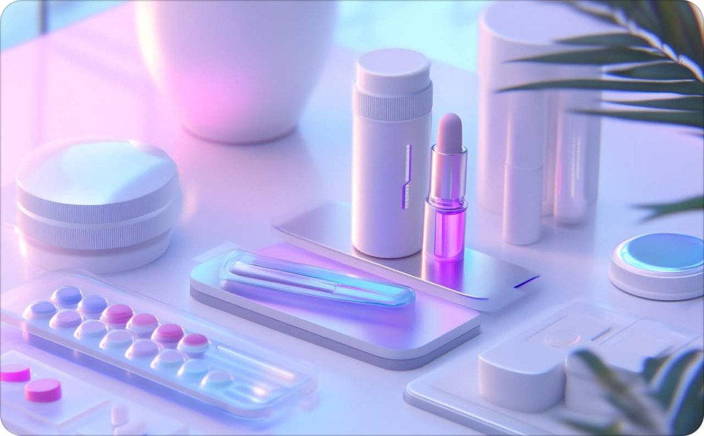 Aesthetic display of modern beauty products in soft neon lighting, showcasing lipsticks, skincare jars, and capsules, perfect inspiration for creative ads for cosmetics playbooks.